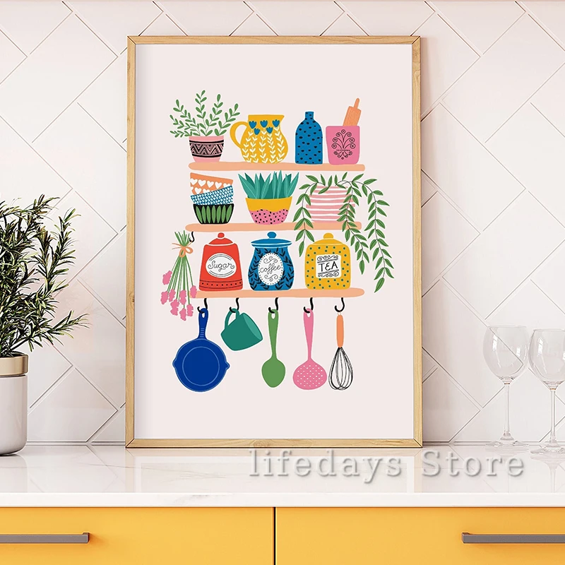 Coffee And Tea Lyrics - Canvas Painting Colourful Kitchen Shelves Poster