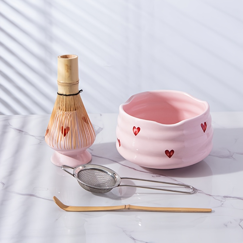 Matcha Whisk Set - 5pcs Pink Heart Decal Ceramic Matcha