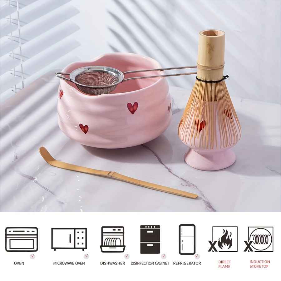 5pcs Pink Heart Decal Ceramic  - Matcha Whisk Set review and price